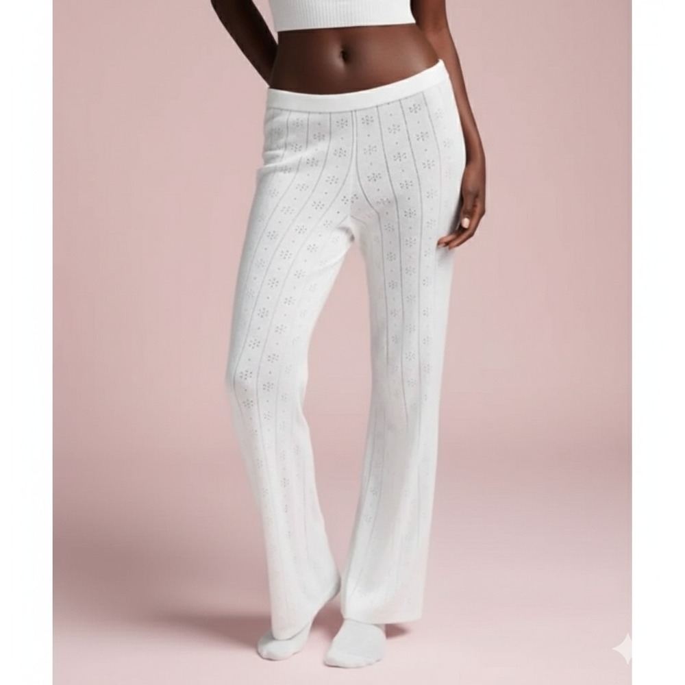 New Skims White Marble Sweater Pointelle Pants Wide Leg PT-PNT-7027W NWT L Large